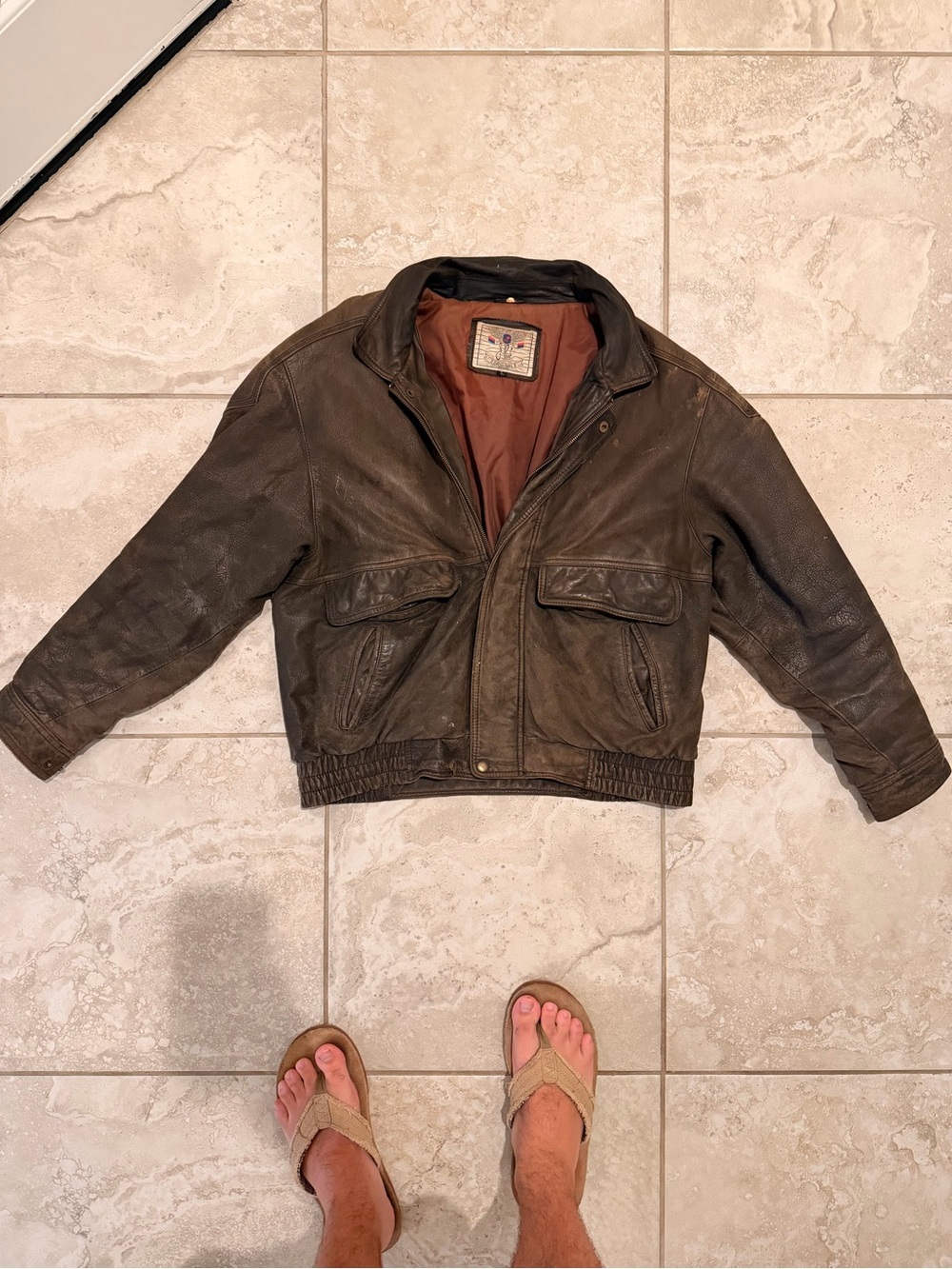 Men's Brown Leather Bomber Jacket - Classic Casual Coat